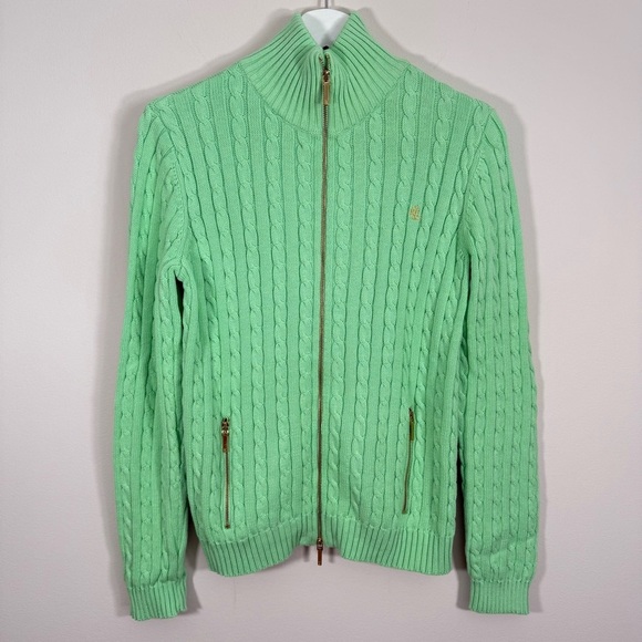 Ralph Lauren Sweaters - NWOT Lauren Ralph Lauren Y2K Women’s Green Cable Knit Sweater Full Zip M